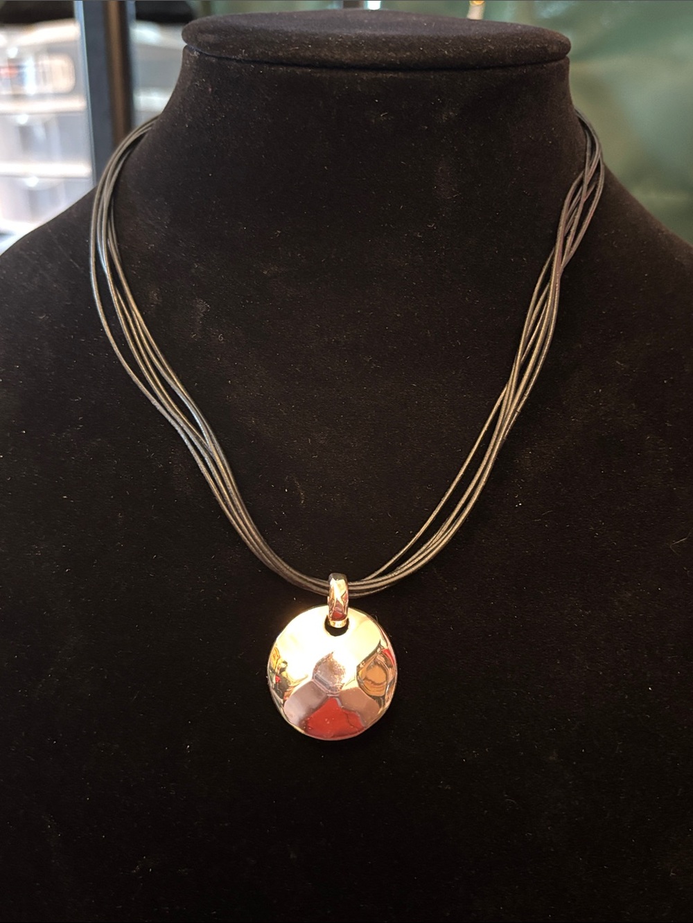 Liz Claiborne Black Multi-Strand Cord Necklace with Silver Round Pendant